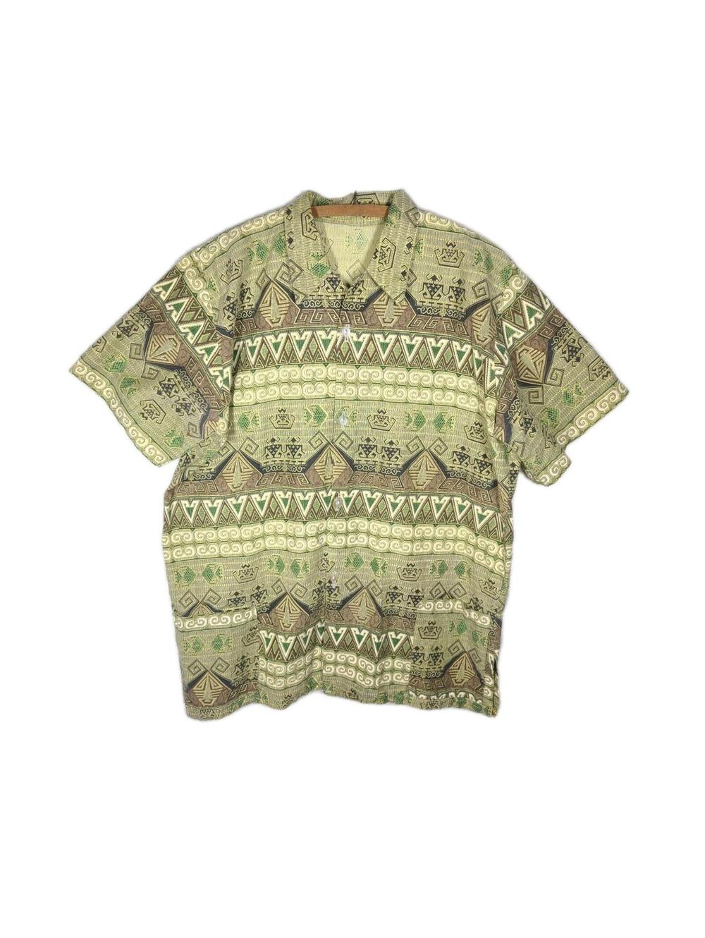 Vtg 60s Mens Cotton Beach Shirt L Hawaiian Thai Print Gold Green wPockets